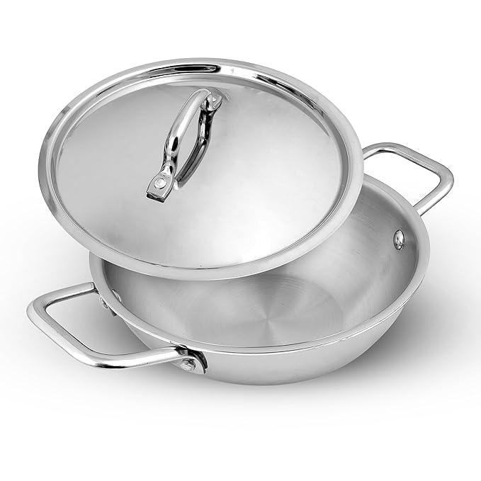 Shritik Triply Stainless Steel Kadai with Lid (24cm, 3L) | 2.5 mm Thick | Triply Kadai with Heavy Bottom | Induction Friendly Triply Stainless Steel Cookware Kadhai | 5 Year Warranty - Image 1