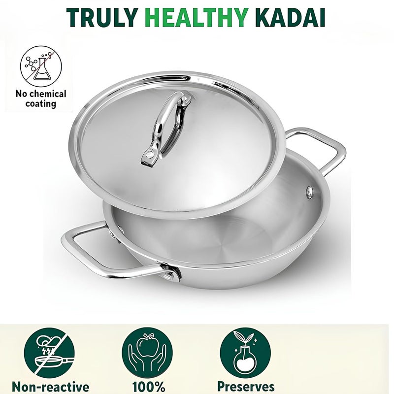 Shritik Triply Stainless Steel Kadai with Lid (24cm, 3L) | 2.5 mm Thick | Triply Kadai with Heavy Bottom | Induction Friendly Triply Stainless Steel Cookware Kadhai | 5 Year Warranty - Image 2