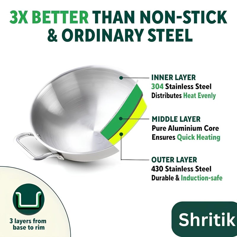 Shritik Triply Stainless Steel Kadai with Lid (24cm, 3L) | 2.5 mm Thick | Triply Kadai with Heavy Bottom | Induction Friendly Triply Stainless Steel Cookware Kadhai | 5 Year Warranty - Image 3