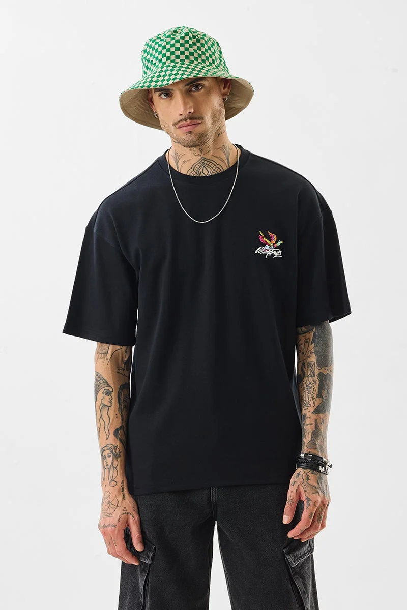 SNITCH Black Graphic Print Oversized Fit T-Shirt