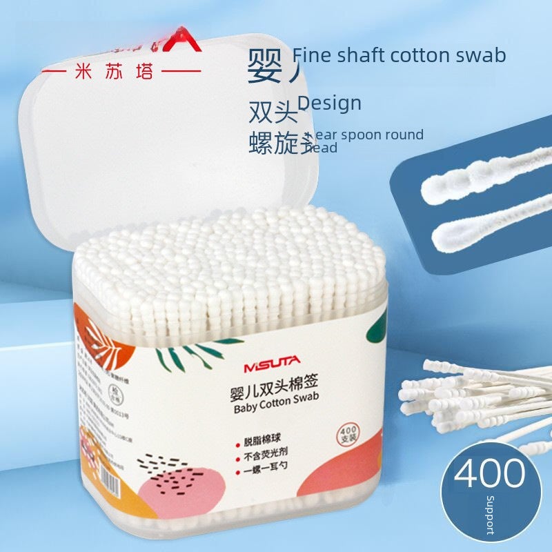 Misuta baby cotton swab baby special ear and nose cleaning stick paper shaft double head ear digging spoon screw head 400(200 PCs/box [ear spoon + spiral]]) - Image 2