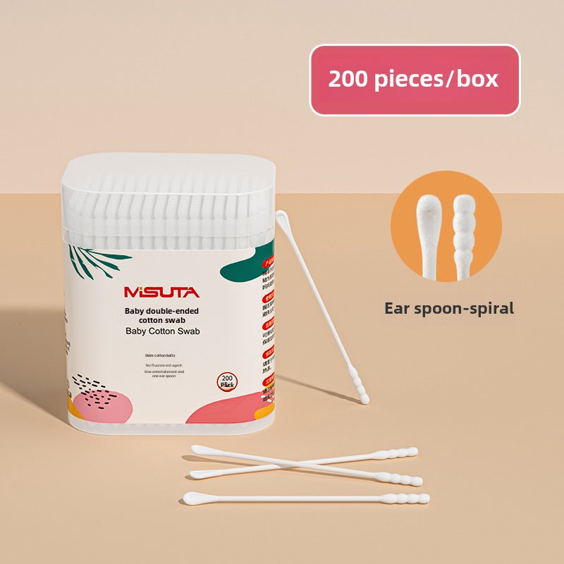 Misuta baby cotton swab baby special ear and nose cleaning stick paper shaft double head ear digging spoon screw head 400(200 PCs/box [ear spoon + spiral]]) - Image 1