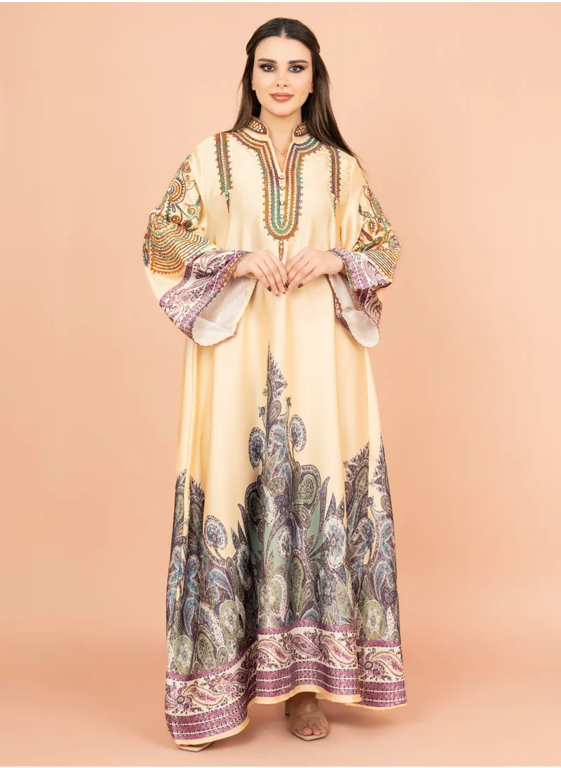IKKXA Gleaming Crystal and Print Jalabiya IK1016 Yellow