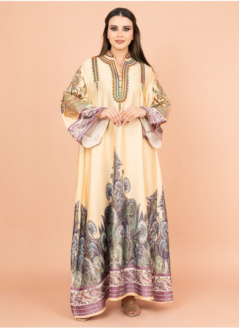 Gleaming Crystal and Print Jalabiya IK1016 Yellow