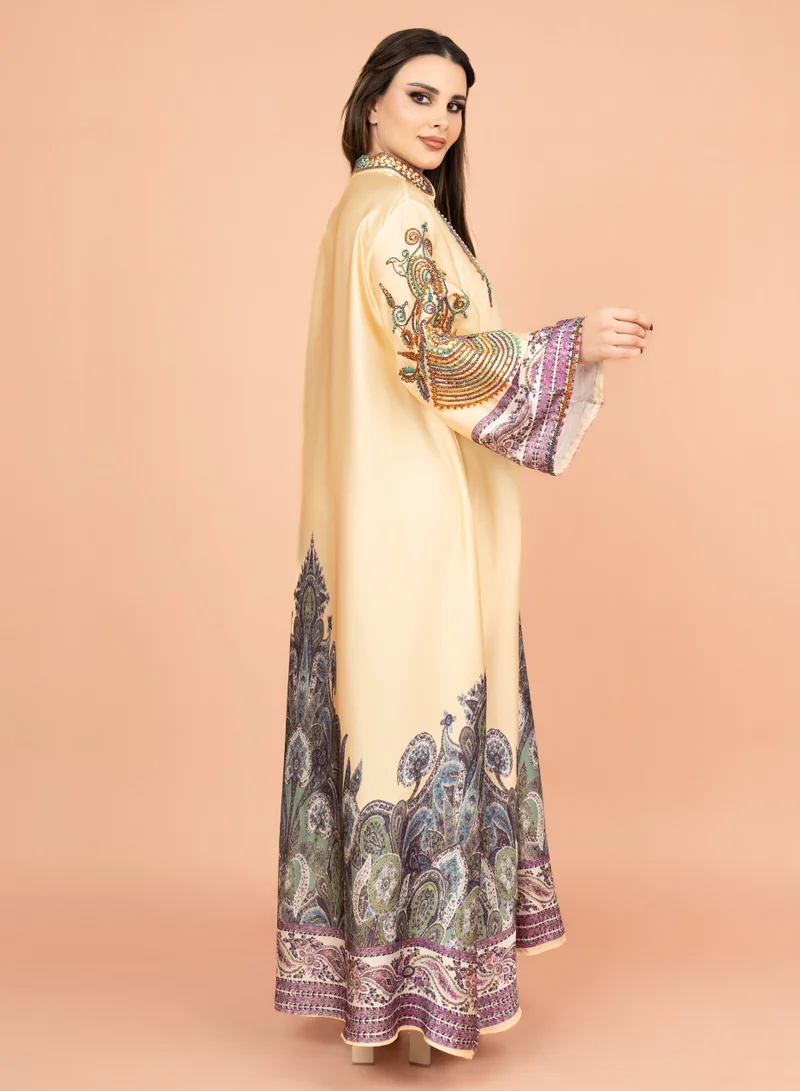 IKKXA Gleaming Crystal and Print Jalabiya IK1016 Yellow
