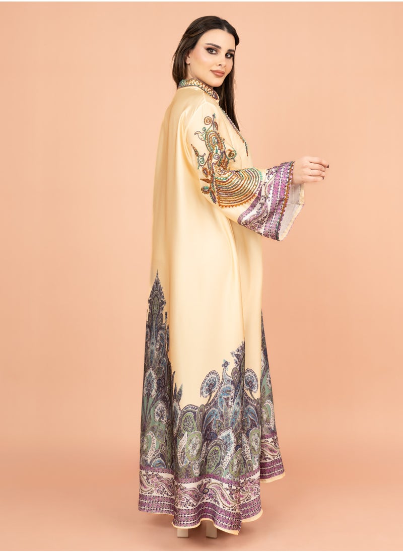 IKKXA Gleaming Crystal and Print Jalabiya IK1016 Yellow  - Image 3