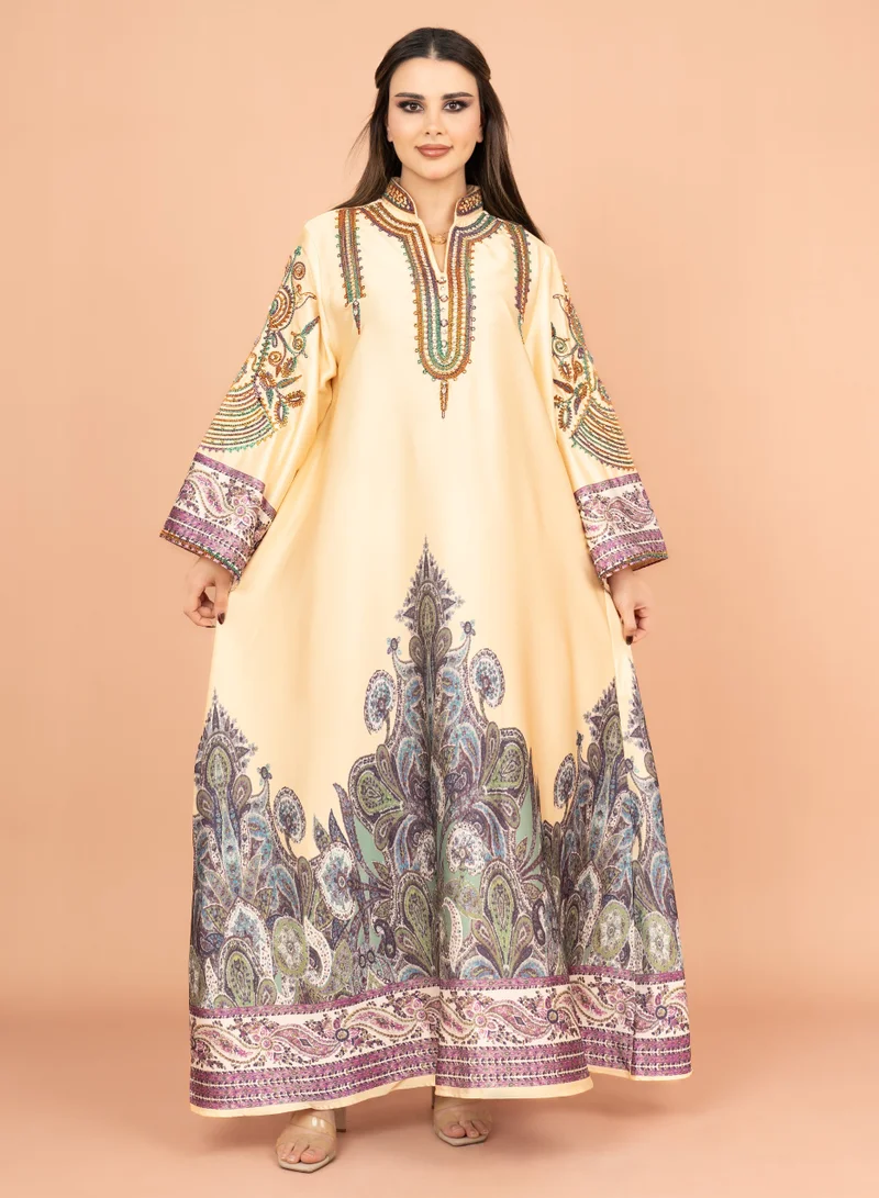 IKKXA Gleaming Crystal and Print Jalabiya IK1016 Yellow