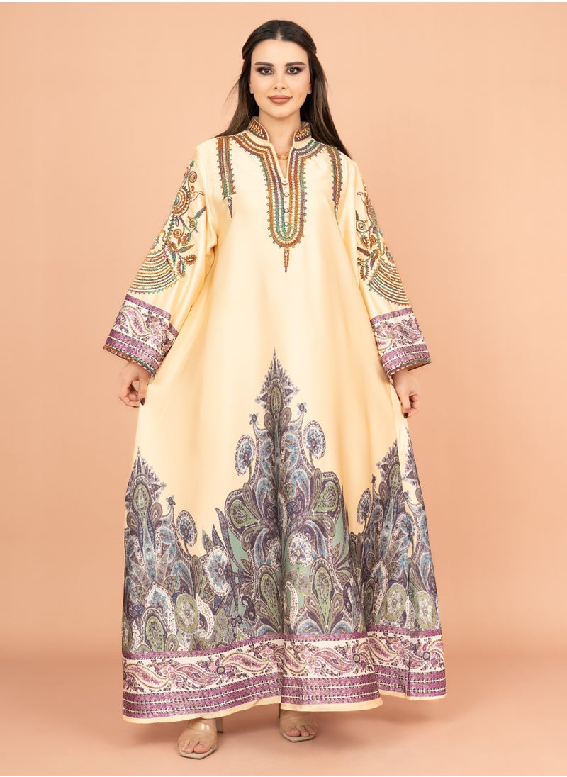 IKKXA Gleaming Crystal and Print Jalabiya IK1016 Yellow  - Image 5