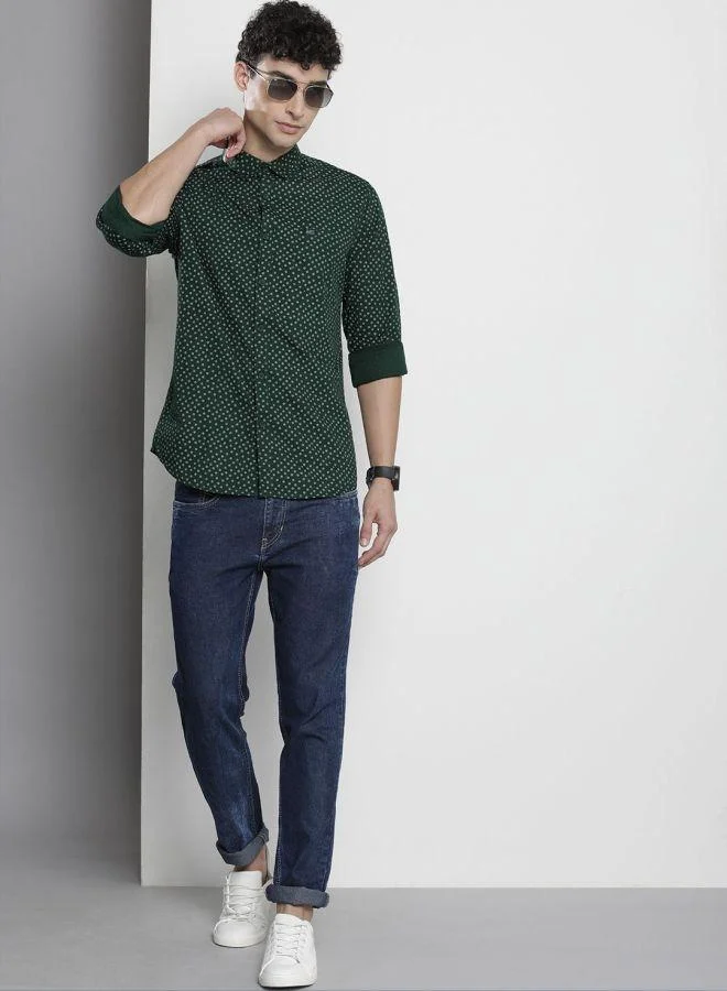 The Indian Garage Co The Indian Garage Co Men Dark Green Ditsy Print Shirt with Slim Collar