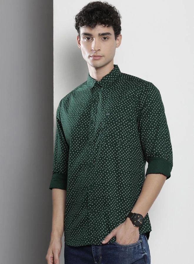 The Indian Garage Co The Indian Garage Co Men Dark Green Ditsy Print Shirt with Slim Collar