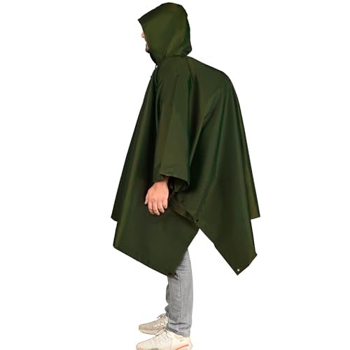 Hacer Poncho Raincoat Waterproof Rainwear Adult Lightweight Hooded Unisex Cape for Hiking Camping Emergency- Green - Image 1