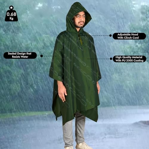 Hacer Poncho Raincoat Waterproof Rainwear Adult Lightweight Hooded Unisex Cape for Hiking Camping Emergency- Green - Image 3
