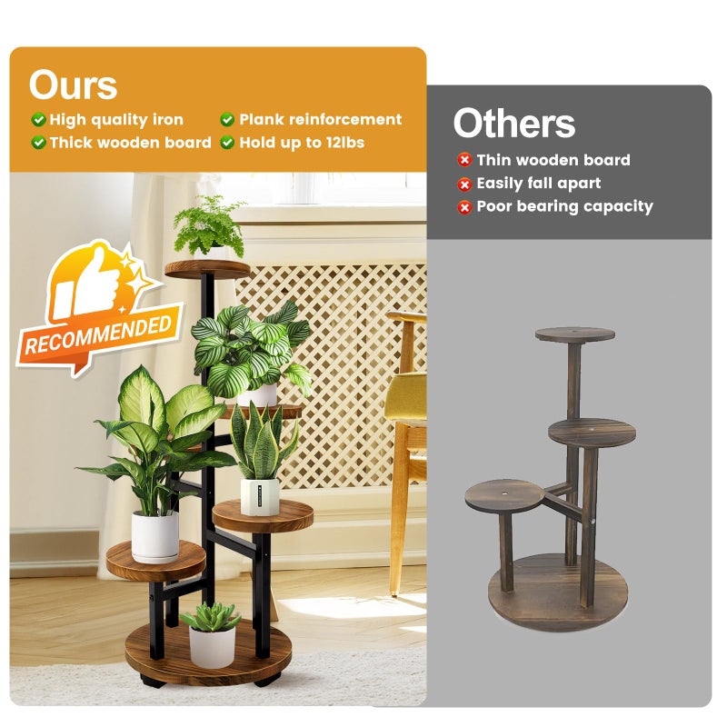 GEEBOBO 5 Tier Plant Stand With 4 Wheels, Metal Wood Tall Plant Stands For Indoor Plants Multiple, Corner Tiered Flower Plants Shelf Stand for Living Room Bedroom, Brown - Image 5