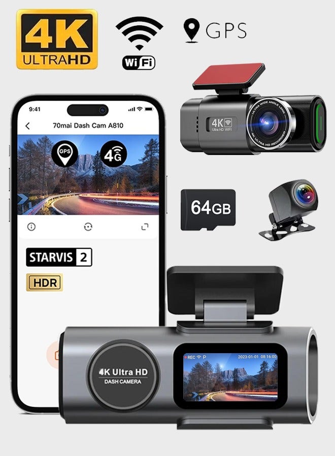 Generic 4K Dash Cam Set, Front 4K Rear 1080P, with GPS Module and 64GB Memory Card, Built-in WIFI Connect to mobile APP  - Image 1
