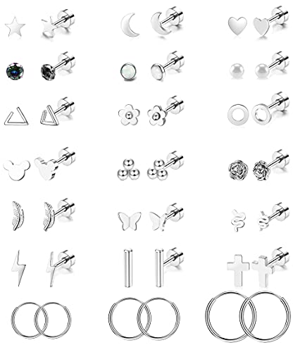 Staligue 21 Pairs Flat Back Earrings for Women & Men – 20G Hypoallergenic Stainless Steel Earrings with Star, Moon, Floral - Hoop & Stud Earring Set for Cartilage Piercing(Silvery) - Image 1