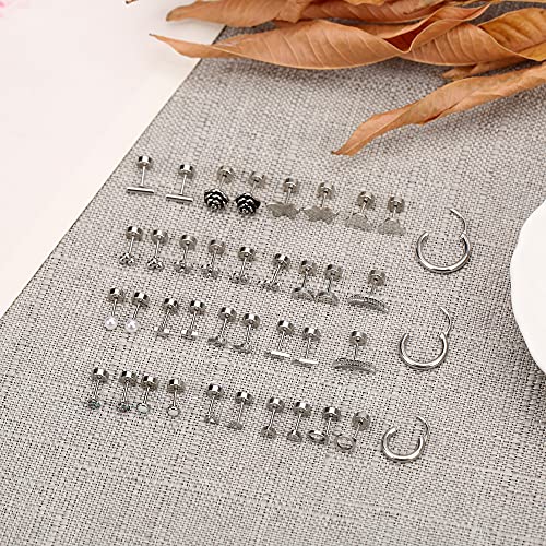 Staligue 21 Pairs Flat Back Earrings for Women & Men – 20G Hypoallergenic Stainless Steel Earrings with Star, Moon, Floral - Hoop & Stud Earring Set for Cartilage Piercing(Silvery) - Image 3