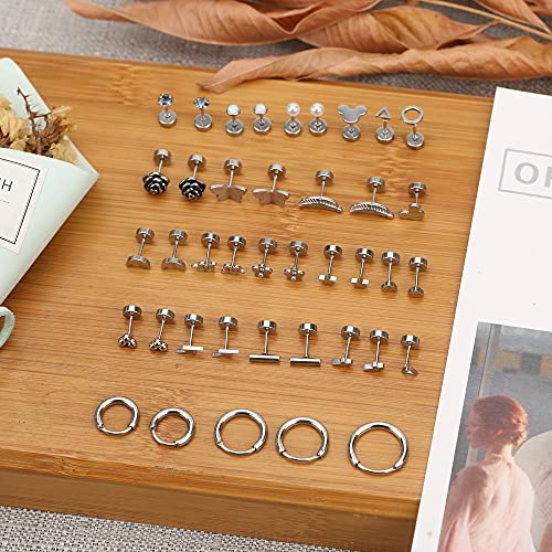 Staligue 21 Pairs Flat Back Earrings for Women & Men – 20G Hypoallergenic Stainless Steel Earrings with Star, Moon, Floral - Hoop & Stud Earring Set for Cartilage Piercing(Silvery) - Image 4