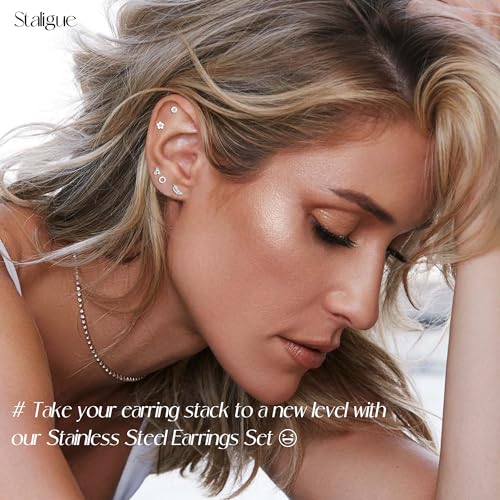 Staligue 21 Pairs Flat Back Earrings for Women & Men – 20G Hypoallergenic Stainless Steel Earrings with Star, Moon, Floral - Hoop & Stud Earring Set for Cartilage Piercing(Silvery) - Image 5