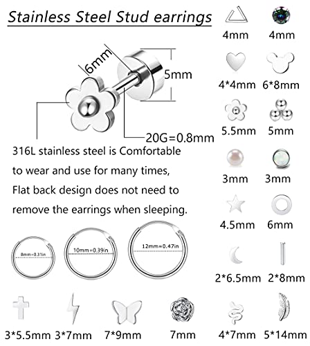 Staligue 21 Pairs Flat Back Earrings for Women & Men – 20G Hypoallergenic Stainless Steel Earrings with Star, Moon, Floral - Hoop & Stud Earring Set for Cartilage Piercing(Silvery) - Image 2