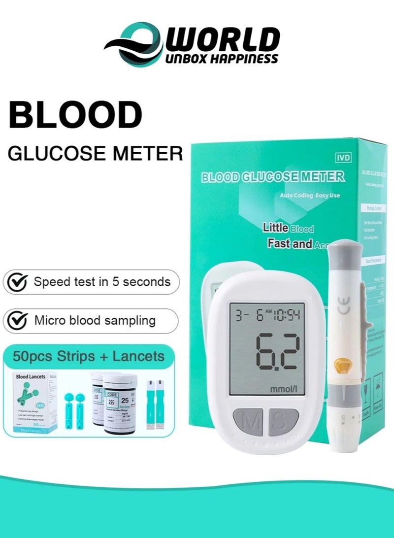 Eworld Fully Automatic Portable Blood Glucose Meter, Accurate and Easy to Use Diabetes Testing Device with 50 Test Strips, Lancet Pen and 50 Lancets, Fast Results, Memory Storage and Code-Free Operation - Image 1