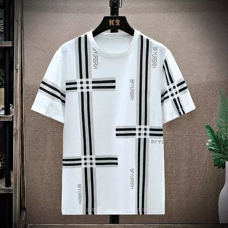Men's short-sleeved T-shirt summer New Ice Silk ice sense slim fashion printed men's half-sleeved T-shirt top foreign trade - Image 1