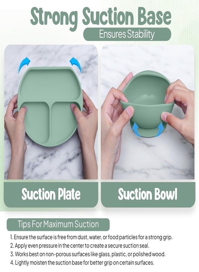 O'doe مجموعة تغذية الأطفال من السيليكون خالية من BPA مكونة من 17 قطعة | أطباق شفط سميكة وناعمة، وأوعية للأطفال، وشوكة وملعقة خشبية، والمزيد | اجعل وقت الطعام ممتعًا وسهلاً لطفلك (أخضر، V2) - Image 3