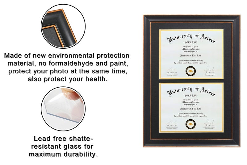 CORE ART Double Diploma Frames 14x20 Fits Two 8.5x11 Inch Certificates, Documents and College Degree, Black Frame with Golden Trim for 8 1/2 x 11 with Black Gold Double Mat, Wall Mounting - Image 2