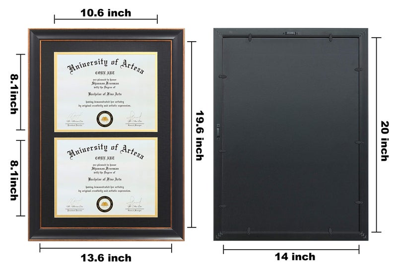 CORE ART Double Diploma Frames 14x20 Fits Two 8.5x11 Inch Certificates, Documents and College Degree, Black Frame with Golden Trim for 8 1/2 x 11 with Black Gold Double Mat, Wall Mounting - Image 4
