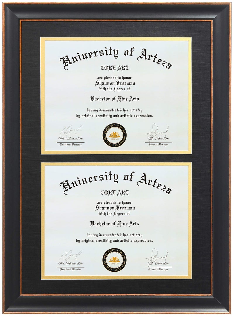 CORE ART Double Diploma Frames 14x20 Fits Two 8.5x11 Inch Certificates, Documents and College Degree, Black Frame with Golden Trim for 8 1/2 x 11 with Black Gold Double Mat, Wall Mounting - Image 1