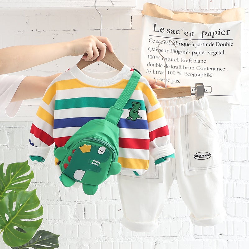 Childrens autumn clothing for boys and girls baby Autumn clothing for boys and girls wholesale striped crew neck jeans two-piece set with bag White 