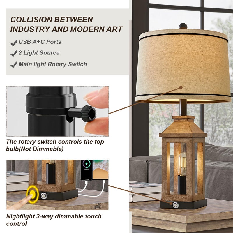 G-SAFAVA 23.75" Farmhouse Table Lamps USB A+C Charging Ports 3-Way Dimmable Touch Control Lamp Nightlight Vintage Modern Lamp for Living Room Bedroom with 2 Light Sources - Image 5