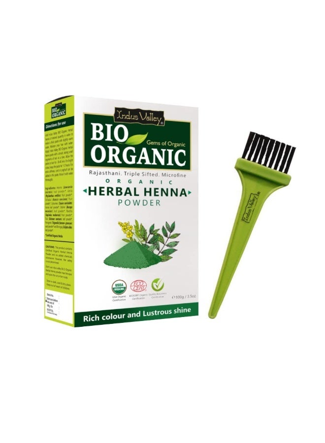 INDUS VALLEY Bio Organic Herbal Henna Powder Rich Colour and Lustrous Shine with Hair Dye Brush (100g) - Green - Image 1