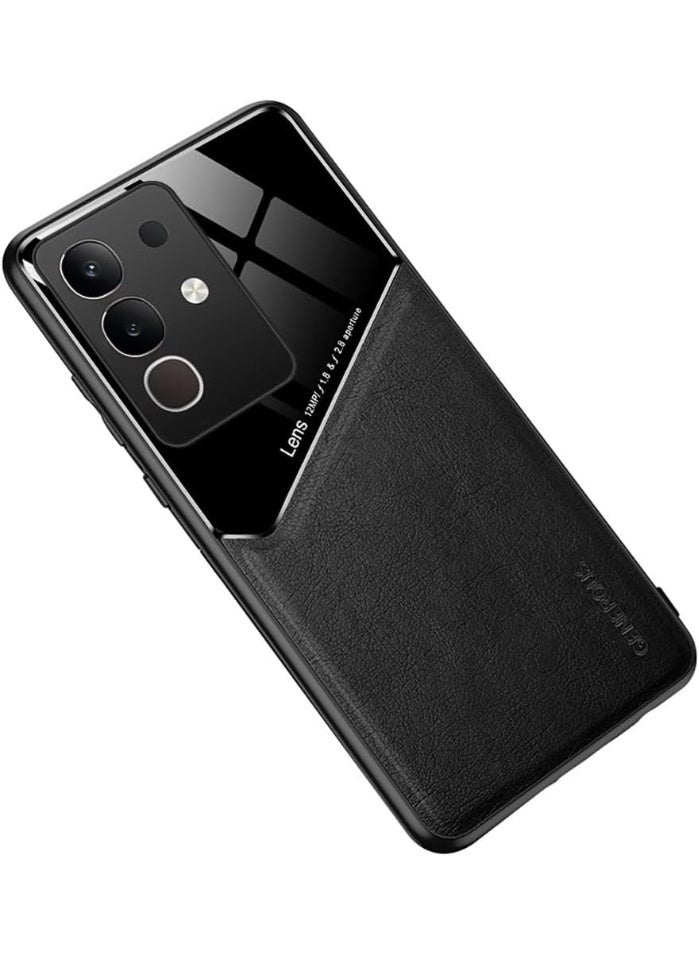 Luxury Case For Vivo Y29 4G, Ultra-Thin Soft TPU Frame, Back Leather Mixed Double+Plexiglass Protective Cover With Built-in Car Magnetic (Black)
