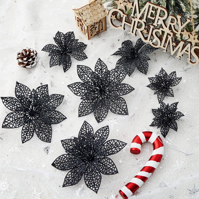 Wironlst 24 Pieces Glitter Poinsettia Flowers Christmas Tree Ornaments  Glitzy Poinsettia Bushes Christmas Decorations for Xmas/Holiday/Seasonal/Wedding (Black) - Image 3