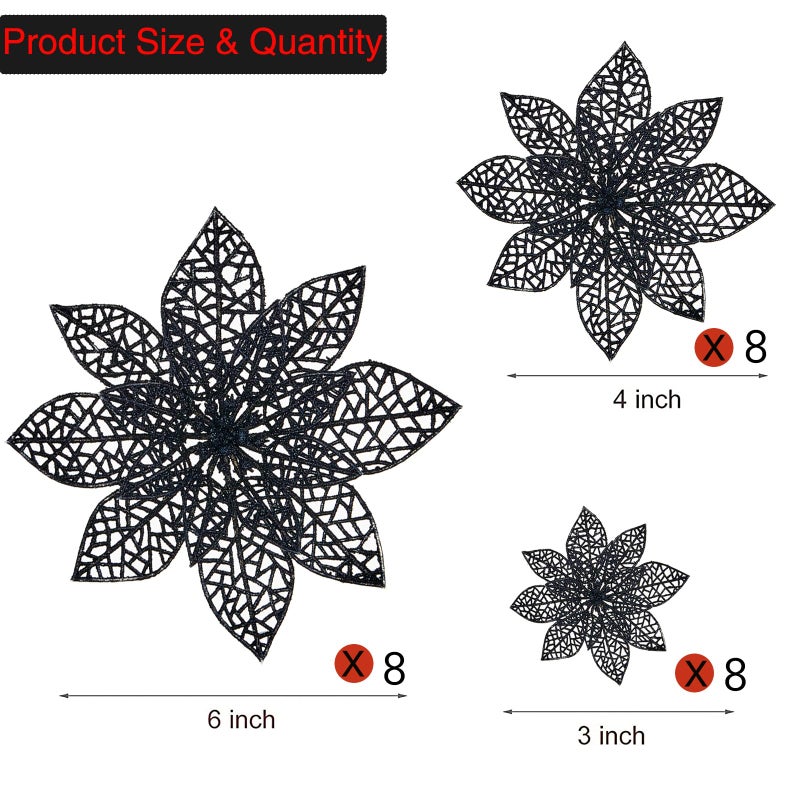 Wironlst 24 Pieces Glitter Poinsettia Flowers Christmas Tree Ornaments  Glitzy Poinsettia Bushes Christmas Decorations for Xmas/Holiday/Seasonal/Wedding (Black) - Image 2
