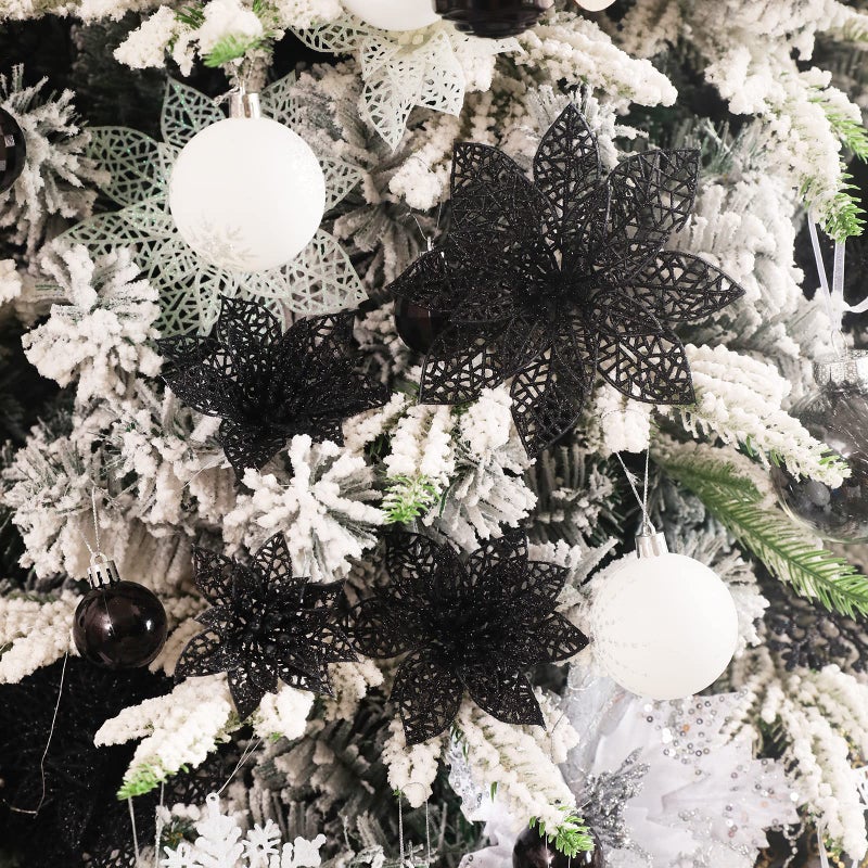 Wironlst 24 Pieces Glitter Poinsettia Flowers Christmas Tree Ornaments  Glitzy Poinsettia Bushes Christmas Decorations for Xmas/Holiday/Seasonal/Wedding (Black) - Image 4