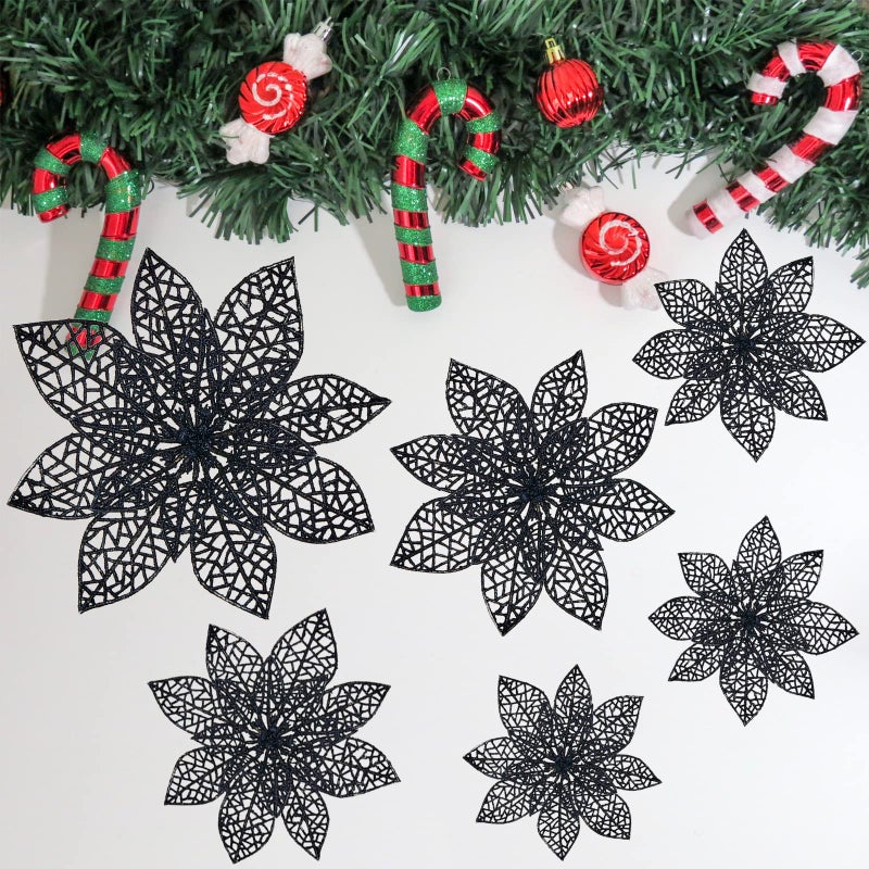 Wironlst 24 Pieces Glitter Poinsettia Flowers Christmas Tree Ornaments  Glitzy Poinsettia Bushes Christmas Decorations for Xmas/Holiday/Seasonal/Wedding (Black) - Image 5