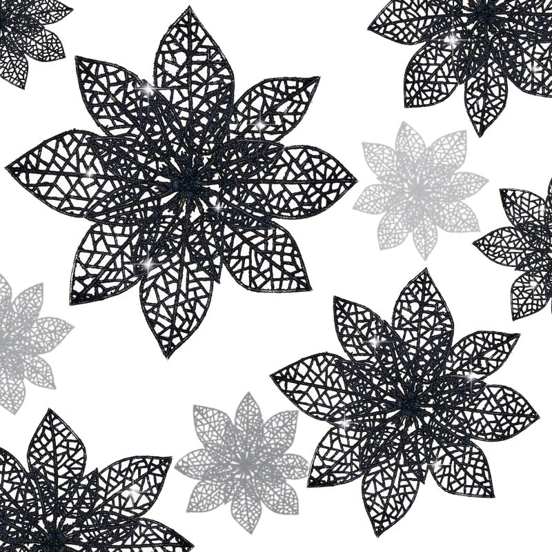 Wironlst 24 Pieces Glitter Poinsettia Flowers Christmas Tree Ornaments  Glitzy Poinsettia Bushes Christmas Decorations for Xmas/Holiday/Seasonal/Wedding (Black) - Image 1