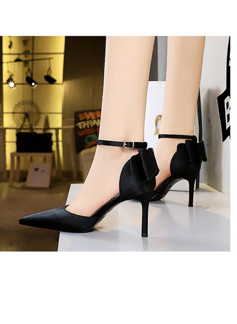 BIGTREE 7.5 سم كعب عال أنيق ساتان مجوف بفم ضحل مع خط مدبب وزر مفرغ أحذية نسائية سوداء - Image 2