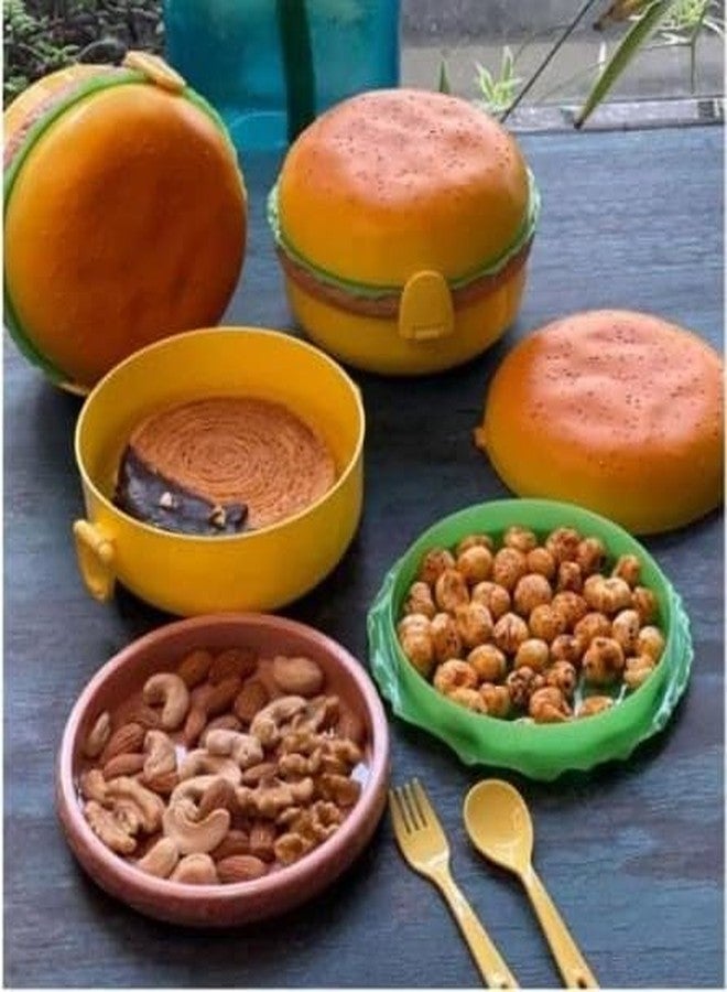 طقم علبة غداء على شكل برجر مع ملعقة وشوكة، مصنوع من بلاستيك خالٍ من مادة BPA، مقاوم للتسرب، علبة طعام لطيفة للمدرسة - Image 2