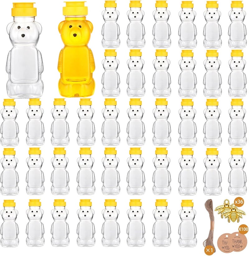 Barafat 8oz Plastic Honey Bear Bottle Mini Honey Jars Party Favors Small Honey Bear Bottles with Lids Bear Shape Clear Empty Honey Jar with Screw Yellow Lid 50 Tags 2 Rolls Jute Rope (36-set) - Image 1