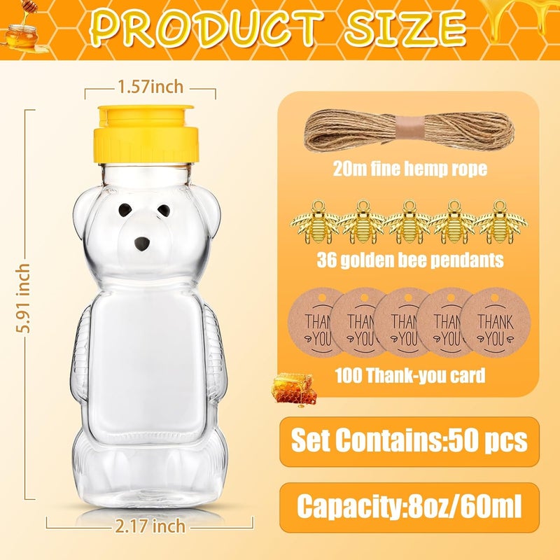 Barafat 8oz Plastic Honey Bear Bottle Mini Honey Jars Party Favors Small Honey Bear Bottles with Lids Bear Shape Clear Empty Honey Jar with Screw Yellow Lid 50 Tags 2 Rolls Jute Rope (36-set) - Image 4