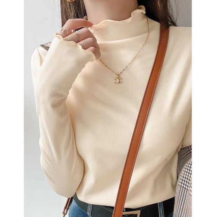 Long-Sleeved Top Women'S Fleece Warm Inner Base Shirt With Wood-Ear Edge Semi-High Collar Design Sense Ins All-Match T-Shirt - Image 1