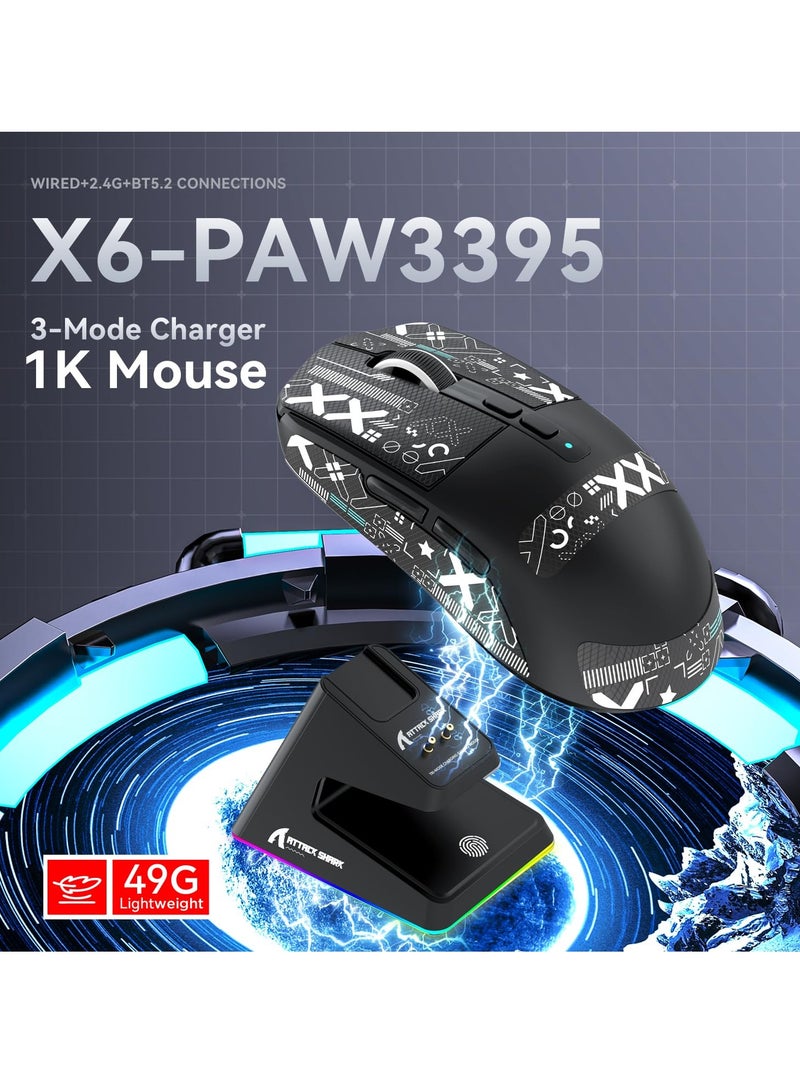 هجوم القرش ماوس ألعاب لاسلكي خفيف الوزن X6 مع قاعدة شحن بإضاءة خلفية RGB، سلكي ثلاثي الوضع/2.4 جيجاهرتز/BT5.2، 26 ألف نقطة في البوصة، مستشعر بصري PAW3395، مفتاح HUANO، 5 أزرار قابلة للبرمجة - Image 2