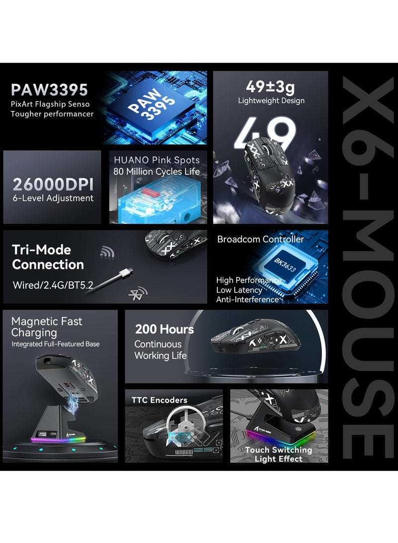 هجوم القرش ماوس ألعاب لاسلكي خفيف الوزن X6 مع قاعدة شحن بإضاءة خلفية RGB، سلكي ثلاثي الوضع/2.4 جيجاهرتز/BT5.2، 26 ألف نقطة في البوصة، مستشعر بصري PAW3395، مفتاح HUANO، 5 أزرار قابلة للبرمجة - Image 3