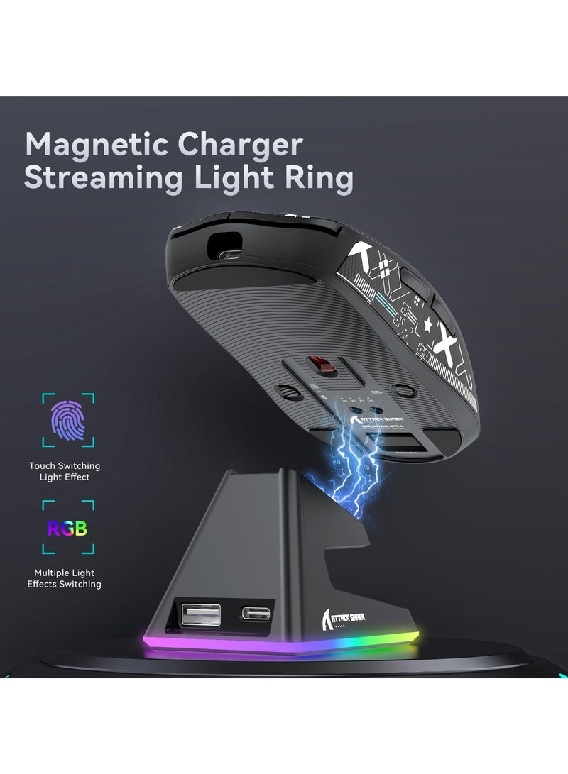 هجوم القرش ماوس ألعاب لاسلكي خفيف الوزن X6 مع قاعدة شحن بإضاءة خلفية RGB، سلكي ثلاثي الوضع/2.4 جيجاهرتز/BT5.2، 26 ألف نقطة في البوصة، مستشعر بصري PAW3395، مفتاح HUANO، 5 أزرار قابلة للبرمجة - Image 4