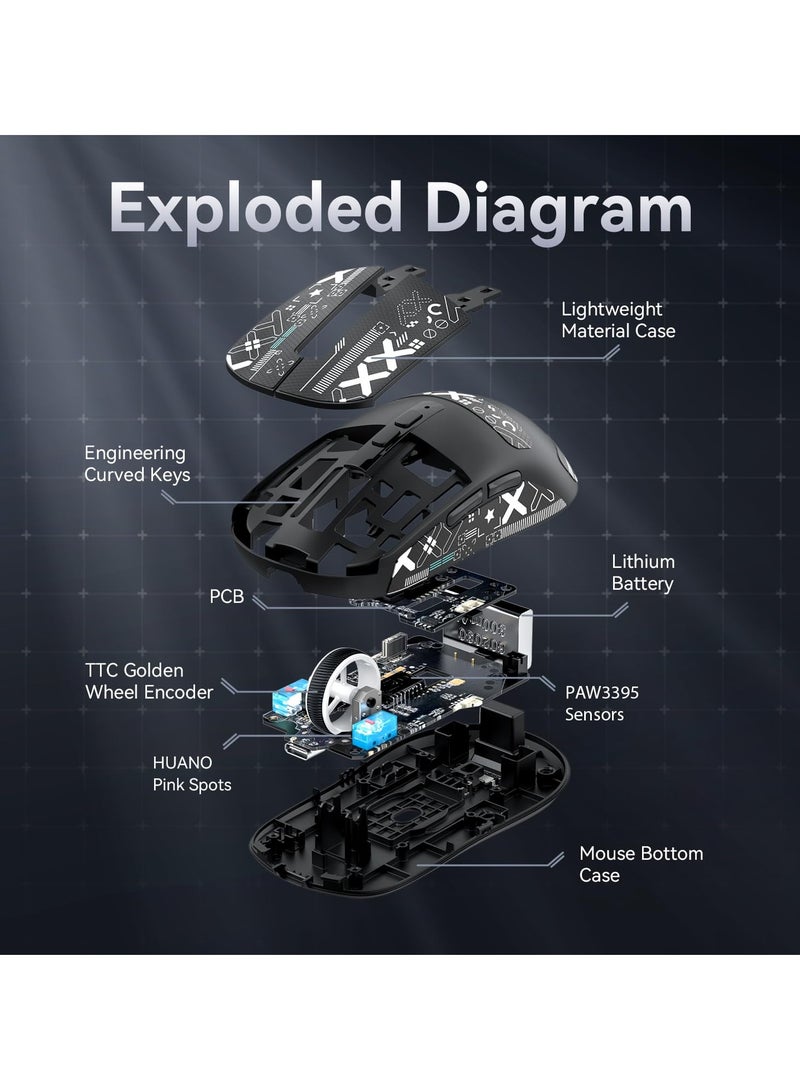 هجوم القرش ماوس ألعاب لاسلكي خفيف الوزن X6 مع قاعدة شحن بإضاءة خلفية RGB، سلكي ثلاثي الوضع/2.4 جيجاهرتز/BT5.2، 26 ألف نقطة في البوصة، مستشعر بصري PAW3395، مفتاح HUANO، 5 أزرار قابلة للبرمجة - Image 5
