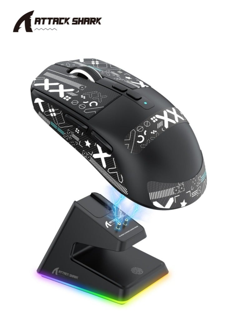 هجوم القرش ماوس ألعاب لاسلكي خفيف الوزن X6 مع قاعدة شحن بإضاءة خلفية RGB، سلكي ثلاثي الوضع/2.4 جيجاهرتز/BT5.2، 26 ألف نقطة في البوصة، مستشعر بصري PAW3395، مفتاح HUANO، 5 أزرار قابلة للبرمجة - Image 1