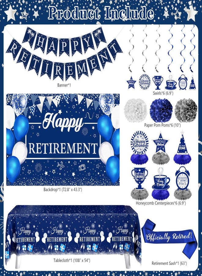 THAWAY Retirement Party Decorations for Men Women 109Pcs Blue Silver Happy Retirement Decorations Include Banner Backdrop Balloons Sash Hanging Swirls Pompoms Tablecloth Honeycomb Centerpiece(Blue Silver) - Image 2