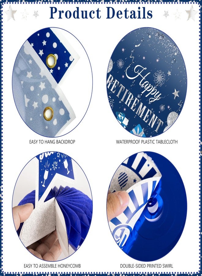 THAWAY Retirement Party Decorations for Men Women 109Pcs Blue Silver Happy Retirement Decorations Include Banner Backdrop Balloons Sash Hanging Swirls Pompoms Tablecloth Honeycomb Centerpiece(Blue Silver) - Image 4